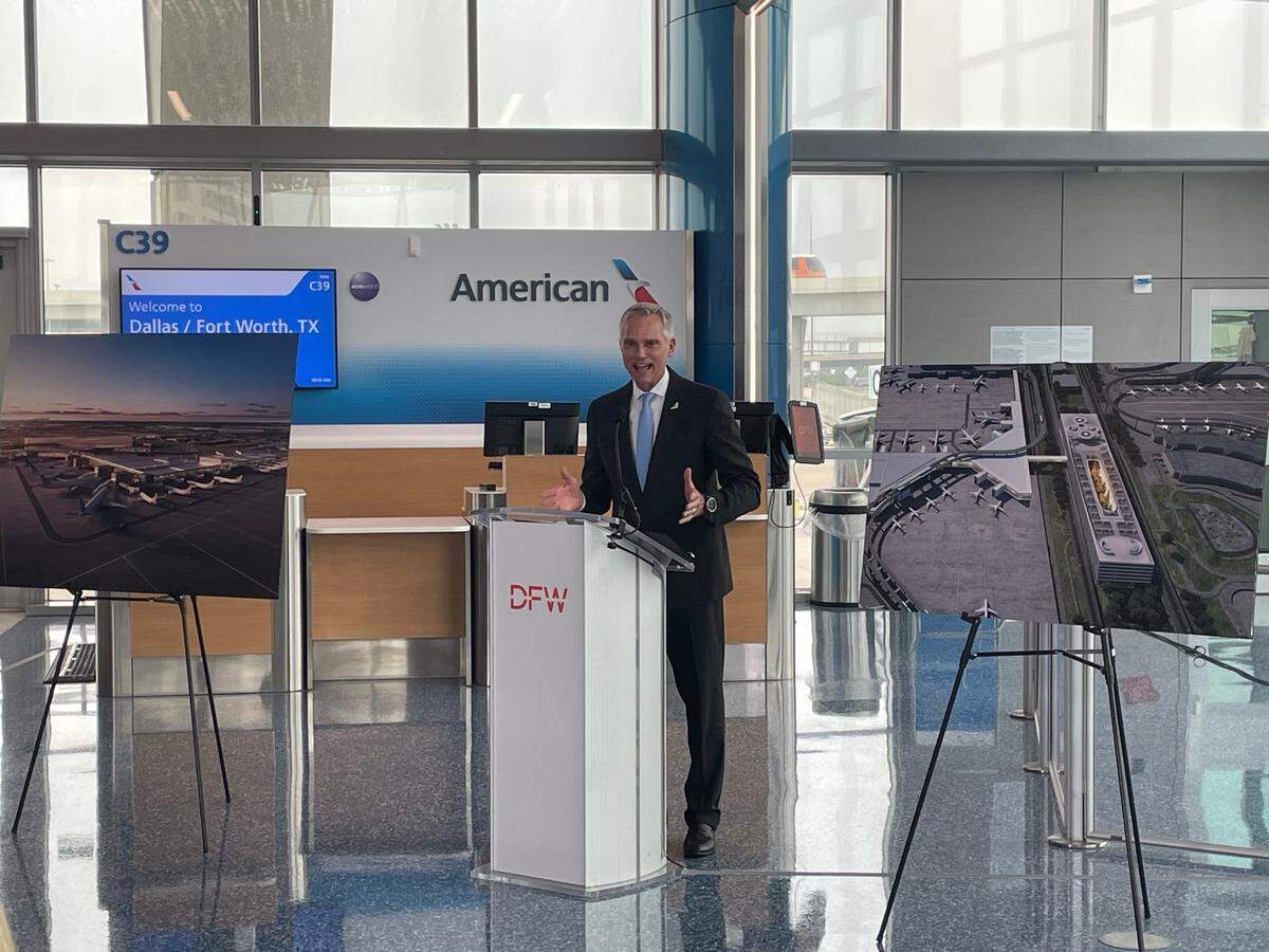 American Airlines CEO Robert Isom announces the airline’s expanded investment in construction of DFW Airport’s Terminal F on May 1, 2025.