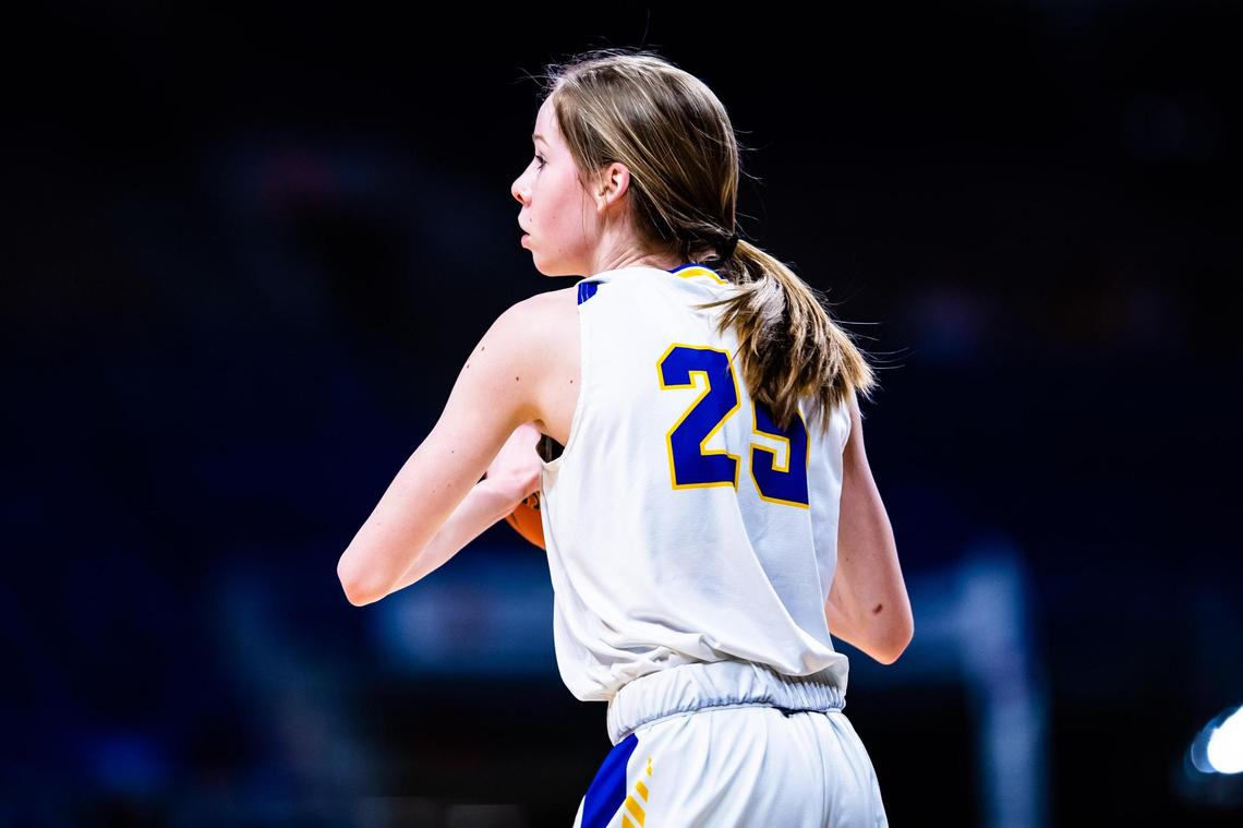 Chelsea Lott (25) protects the ball during the 2A state final between Lipan and Martin’s Mill at the Alamodome in San Antonio Texas, on March 11, 2021. Lipan went on to win 44-39. (Photo by Matt Smith. Special to the Star-Telegram).
