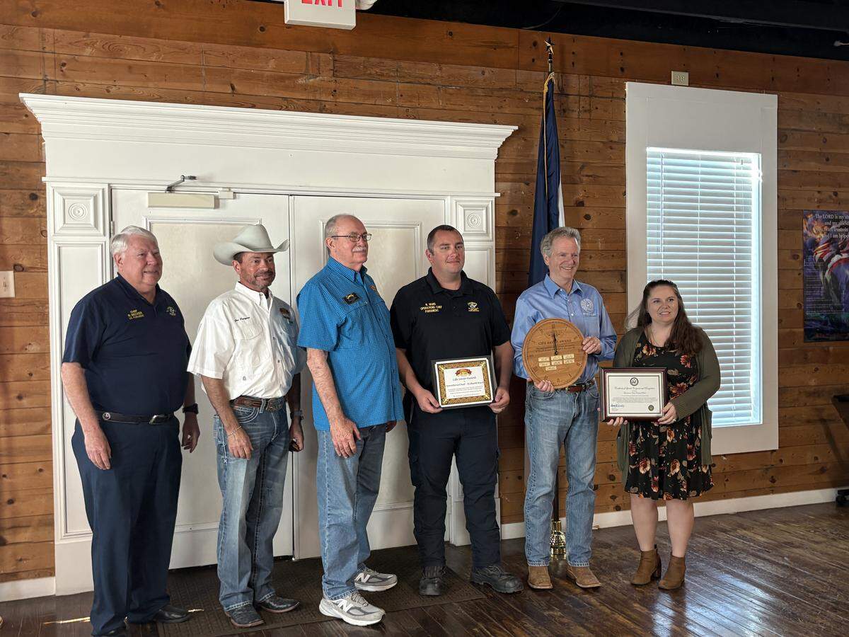 From left: Cresson Fire Chief Ron Becker, Chisholm Trail 100 Club members Jon Puryear and Tom Cowan, firefighter Richard Ward, state Rep. Mike Olcott and Kristina Ward. Richard Ward was honored Saturday, Nov. 1, 2025, with the 100 Club’s Lifesaver Award.