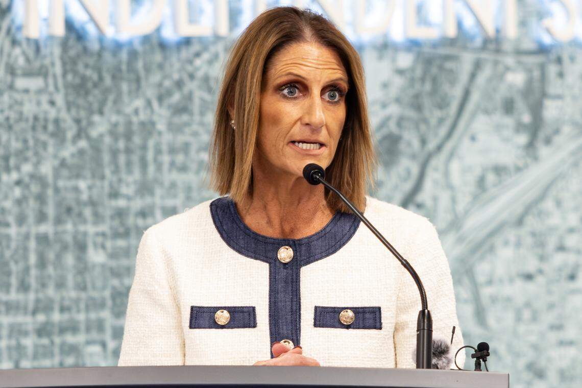 Karen Molinar, the superintendent of Fort Worth ISD, speaks to the media at the school district’s administration building on Thursday, Oct. 23, 2025, after the Texas Education Agency announced an upcoming state takeover of the district. The decision comes after one campus received five consecutive failure ratings.