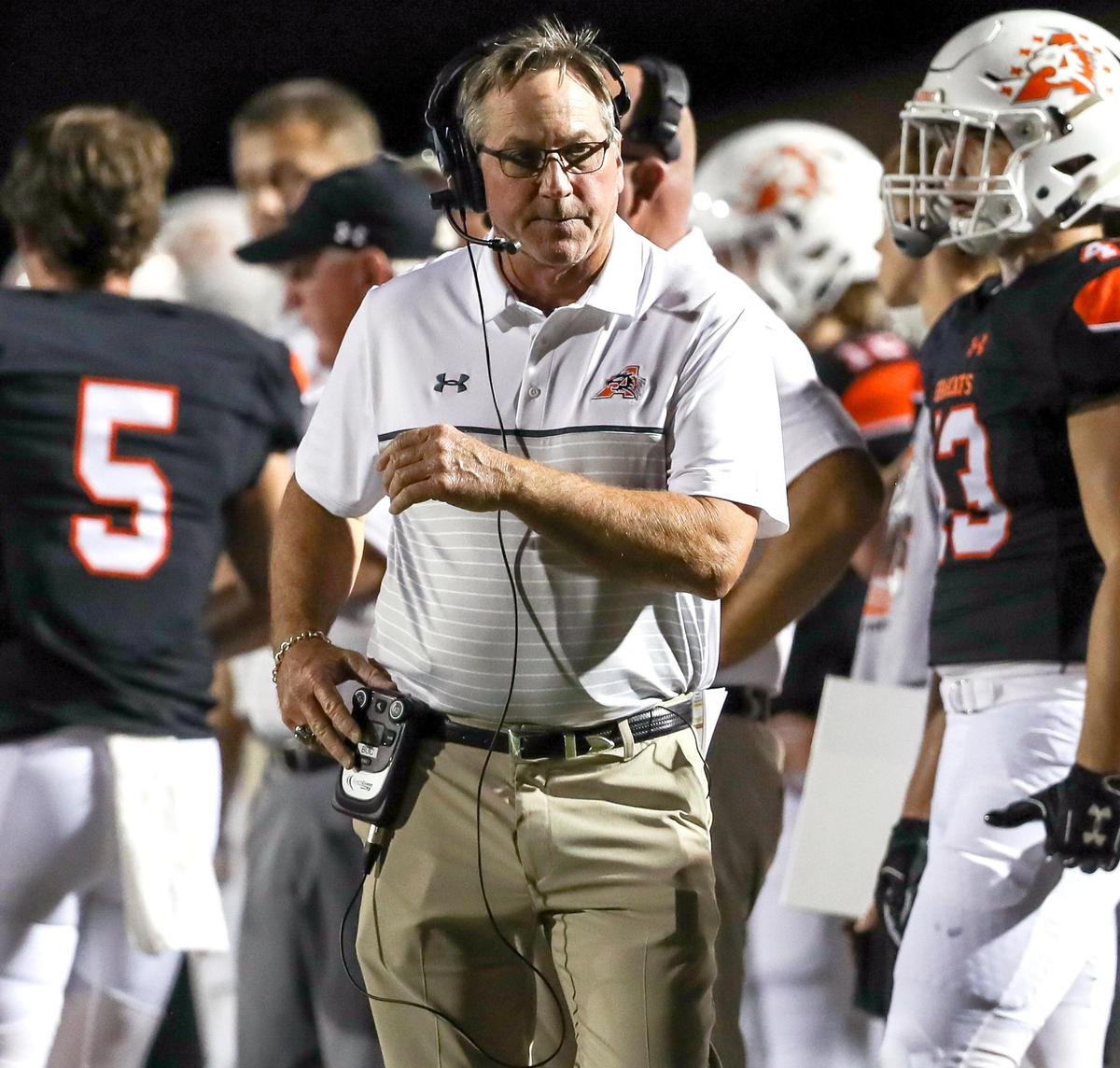 Aledo head coach Tim Buchanan looks on from the sideline during the game against Denton Guyer, Friday night, August 30, 2019 played at Bearcat Stadium in Aledo, TX.