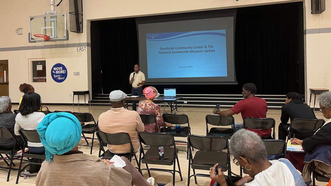 Councilman Chris Nettles presents an update to Historic Southside residents Monday night, Feb. 3, 2025, at Van Zandt-Guinn Elementary School on what will happen to the programs and services at the Southside Community Center as the National Juneteenth Museum hopes to acquire it.
