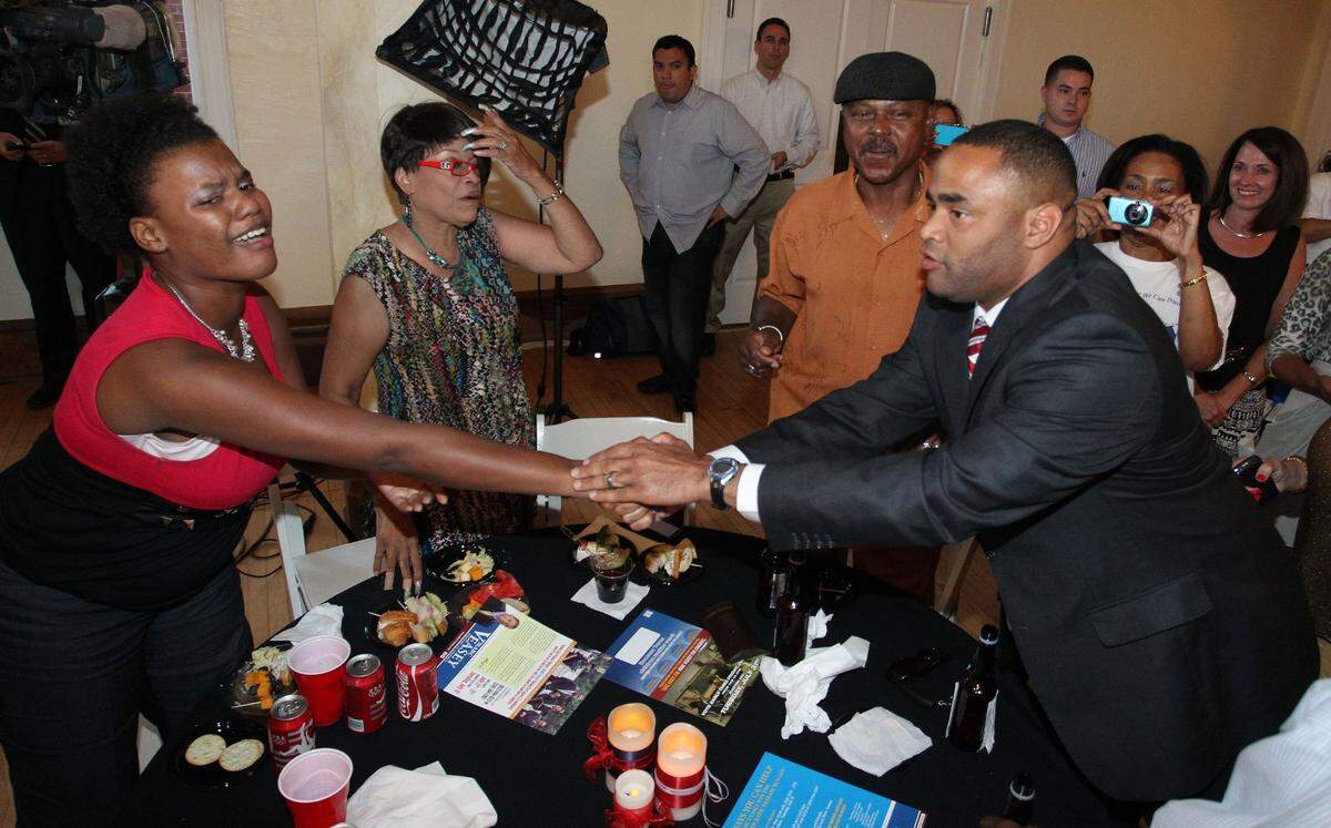 July 31, 2012: Marc Veasey worked the room thanking all who have supported him at an election night party after the polls closed at 7 p.m. at the Victory Arts Center. Veasey is running for Congressional District 33 against Domingo Garcia of Dallas.