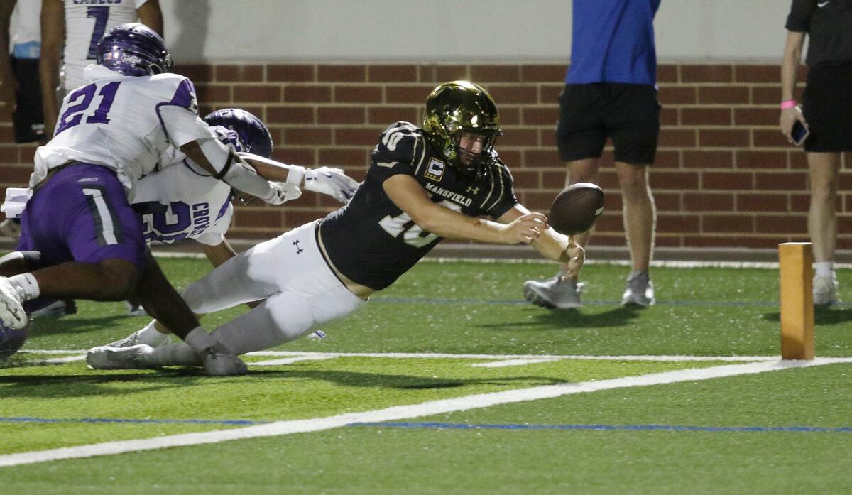 Mansfield’s Braxton Van Cleave dives for the goal line but loses control and fumbles through the end zone for a touchback during a UIL football game at Newsome Stadium on Saturday , October 10, 2024.