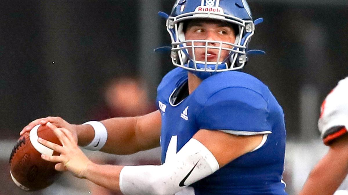 Nolan quarterback Jimmy Taylor (14) looks to make a pass against Celina during the first half, Friday night, September 13, 2019 play at Doskocil Stadium in Fort Worth, TX.
