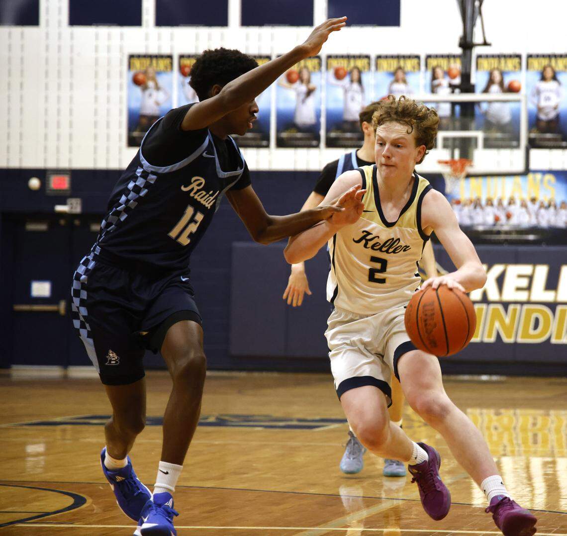 Keller guard Sawyer Bennett (2) drives against L.D. Bell point guard Andrew Mull (12) during the first half of a UIL boys basketball game between L.D. Bell and Keller at Keller High School in Keller, Texas, Friday Jan. 16, 2026