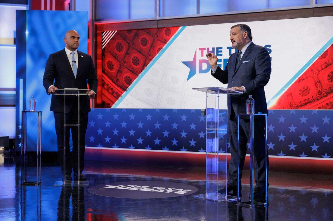 U.S. Rep. Colin Allred, D-Dallas, left, and U.S. Sen. Ted Cruz, R-Texas, take part in a debate for the U.S. Senate hosted by WFAA on Monday, Oct. 15, 2024, in Dallas, Texas.