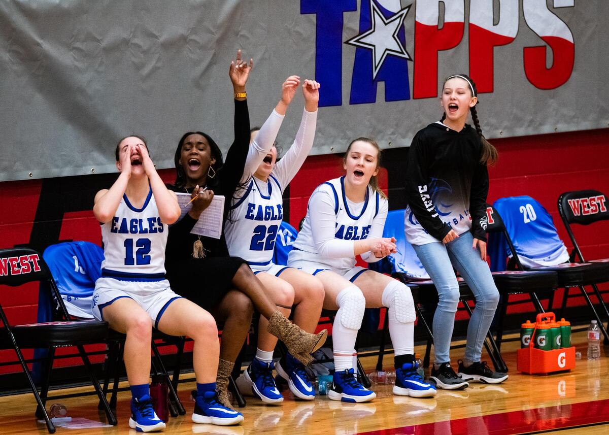 Players on Southwest Christian School’s bench cheer after their teamtes socres during the 2nd quarter of the TAPPS 5A State Championship game at West High School in West, Texas on February 28, 2019. (Photo by Matt Smith-Special to the Star-Telegram)