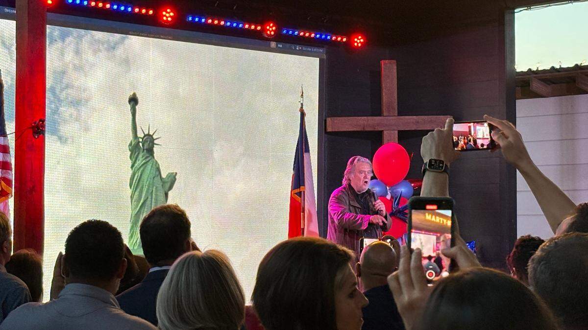 Steve Bannon speaks to a crowd of around 500 gathered at Bartonville barbecue restaurant Marty B’s for a campaign rally for Texas House candidate Mitch Little on Sunday, Mar. 3, 2024.