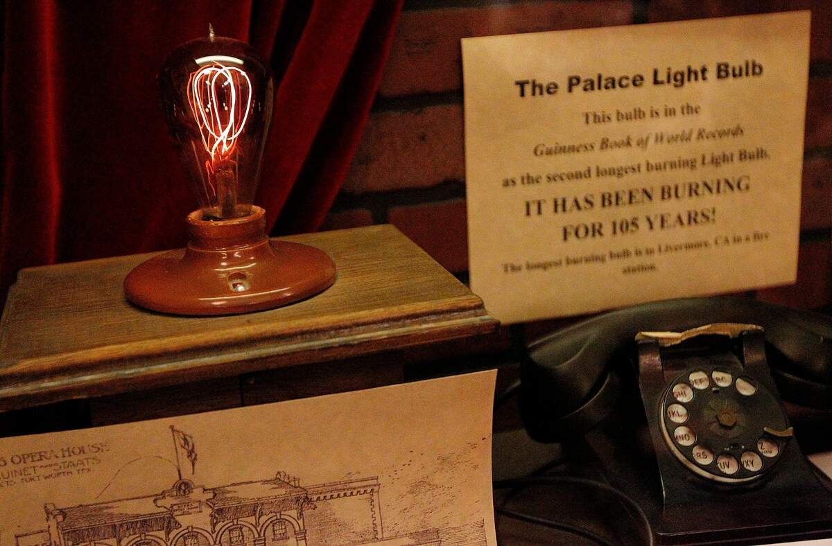 The Palace Theater light bulb, on display in the Fort Worth Stockyards Museum, has burned almost nonstop since 1908, making it the second longest-lasting light bulb in history.