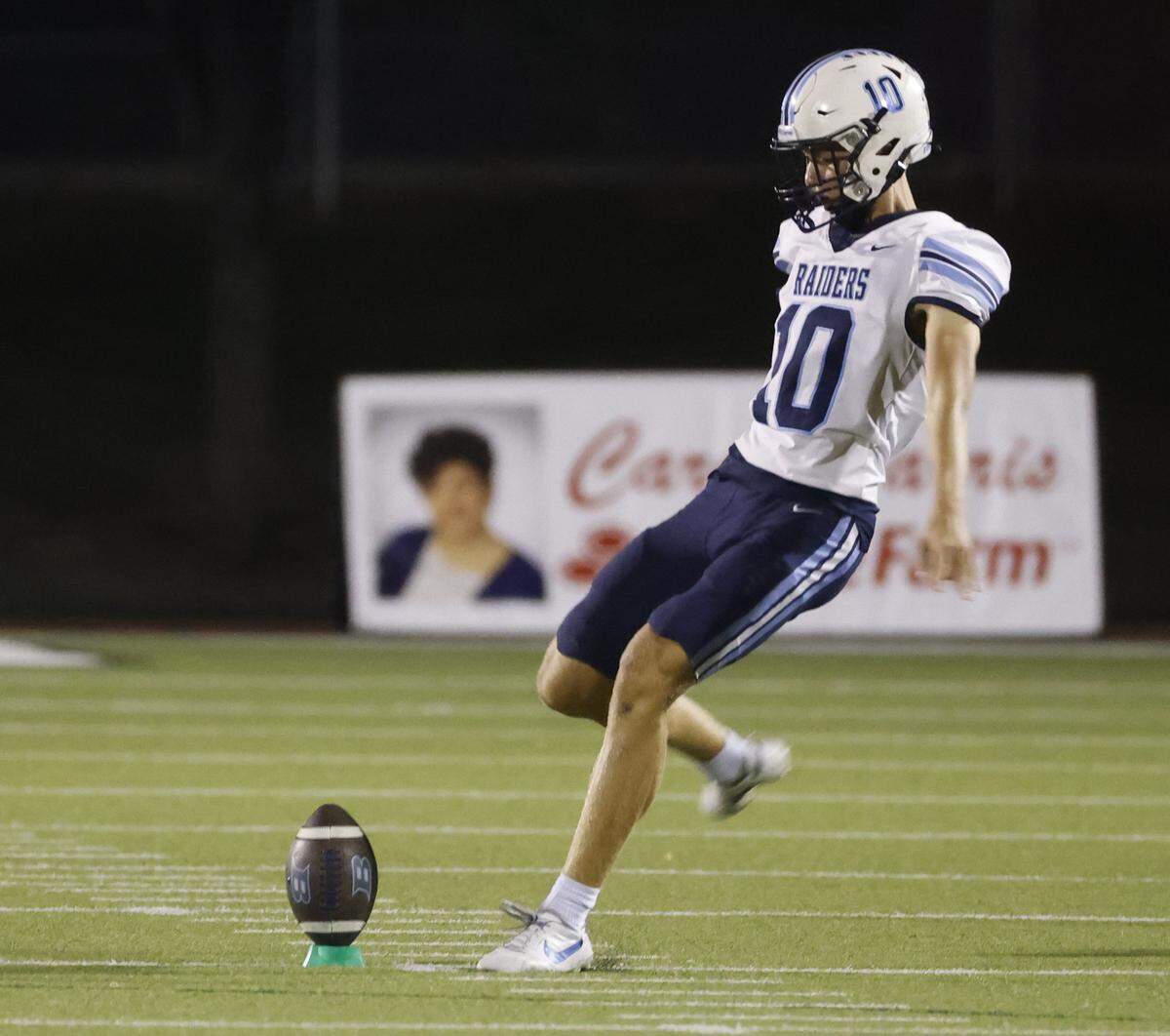 L.D. Bell kicker Grady Matcham (10) performs his final kick during the second half of a UIL football game between L.D. Bell and Timber Creek at Keller ISD Athletic Complex in Keller on Thursday, Sept. 11, 2025.