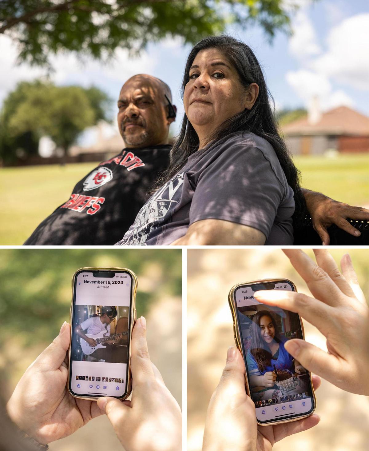 (Top) Kevin and Dee Estelle, the parents of Alexander Trejo and Gabriella Estelle, together at Capp Smith Park in Watauga in June.. Two of the Estelle’s children were killed in 2015 when an SUV crashed into the rear of their vehicle. (Bottom) Dee Estelle shows a photo her son Alexander Trejo, left, and daughter Gabriella Estelle, right.