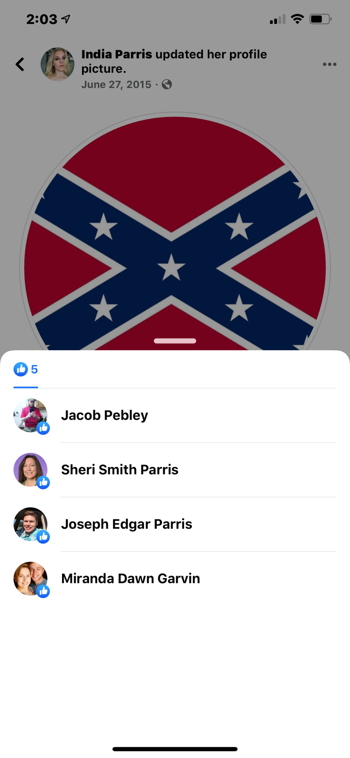 India Parris, a TCU undergraduate student, updates her profile photo on Facebook to an image of a Confederate flag, and multiple people including her mother, Sheri Parris, like the post. Sheri is a research scientist at TCU’s Karyn Purvis Institute of Child Development.