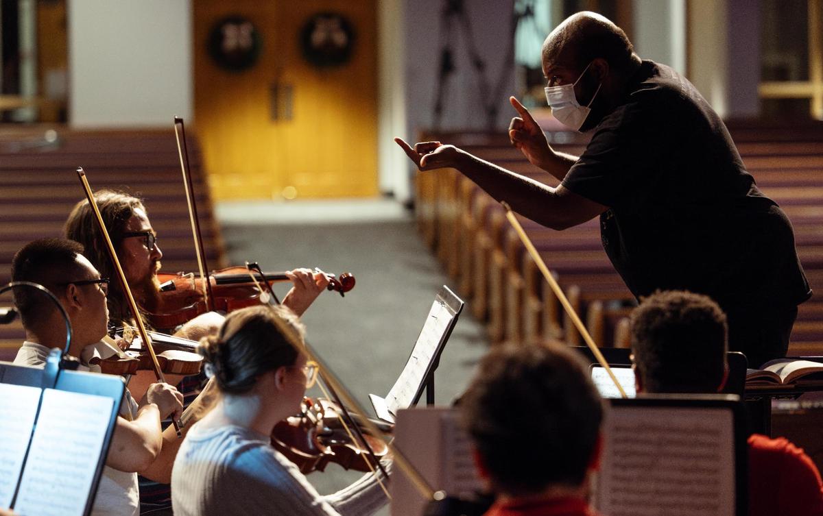 Eldred Marshall conducts the Mansfield Philharmonic during a rehearsal on Thursday, Nov. 21, 2024, at First Methodist Mansfield. Marshall has been the artistic director and conductor of Mansfield Philharmonic since 2018.