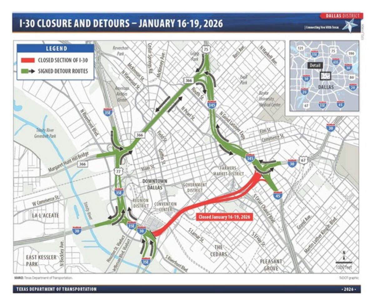 Red highlight is where I-30 will be completely closed off in Dallas.