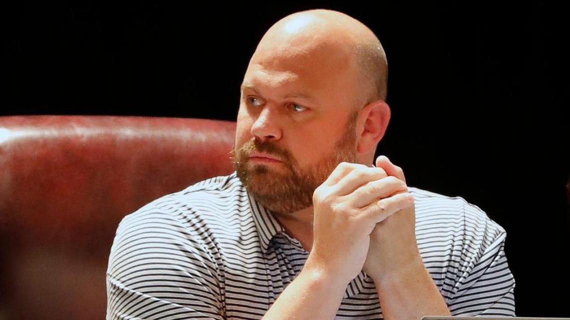 Former Decatur Schools Superintendent Joseph Coburn and School Board President Thomas Houchin during a meeting in June. Coburn and Houchin exchanged tense emails and texts previous to a meeting to discuss head football coach Mike Fuller’s employment with the district.