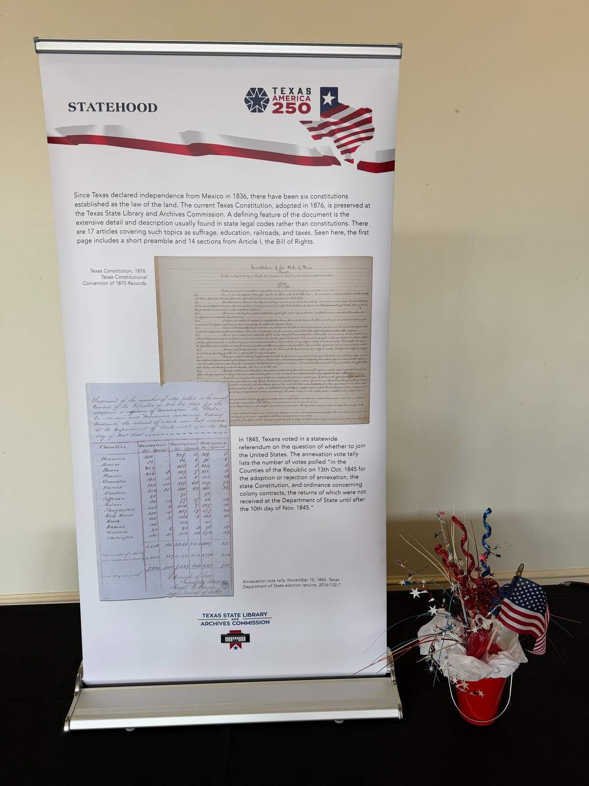 A display at the Texas America250 exhibit.