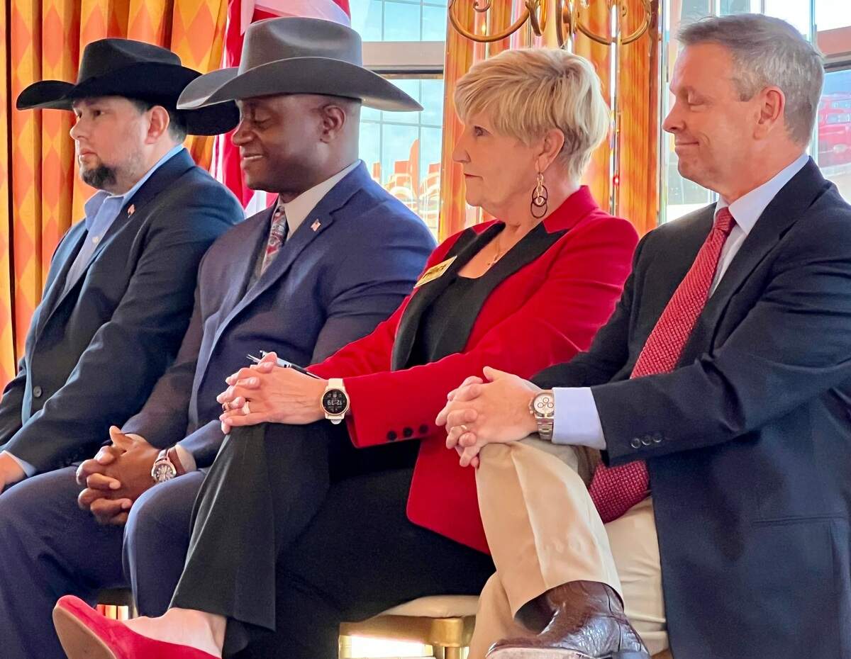 Republican county judge candidates Robert Buker, left, Byron Bradford, Betsy Price and Tim O’Hare at the Fort Worth Republican Women’s Club forum Jan. 26, 2022, at the City Club in Fort Worth.
