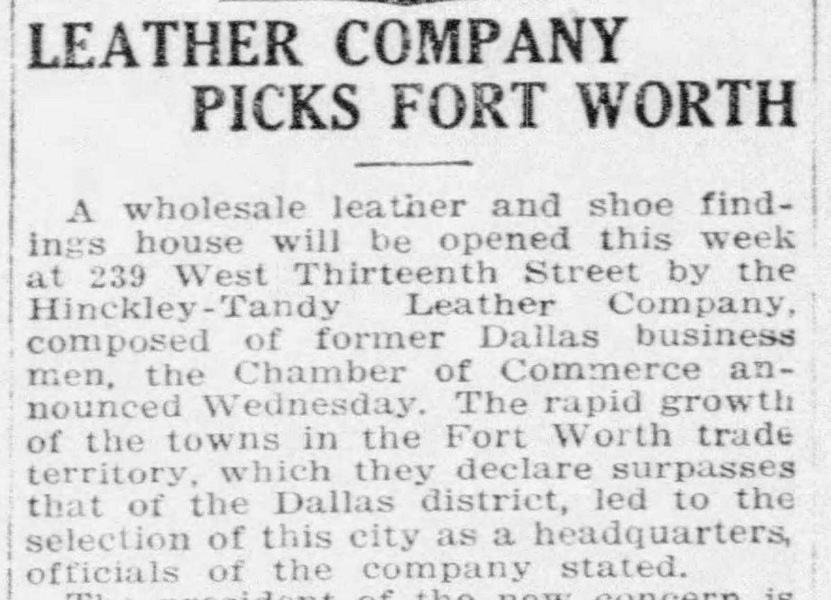 A story in the Fort Worth Star-Telegram on Nov. 13, 1919, about the founding of what’s now Tandy Leather Factory Inc. in Fort Worth.