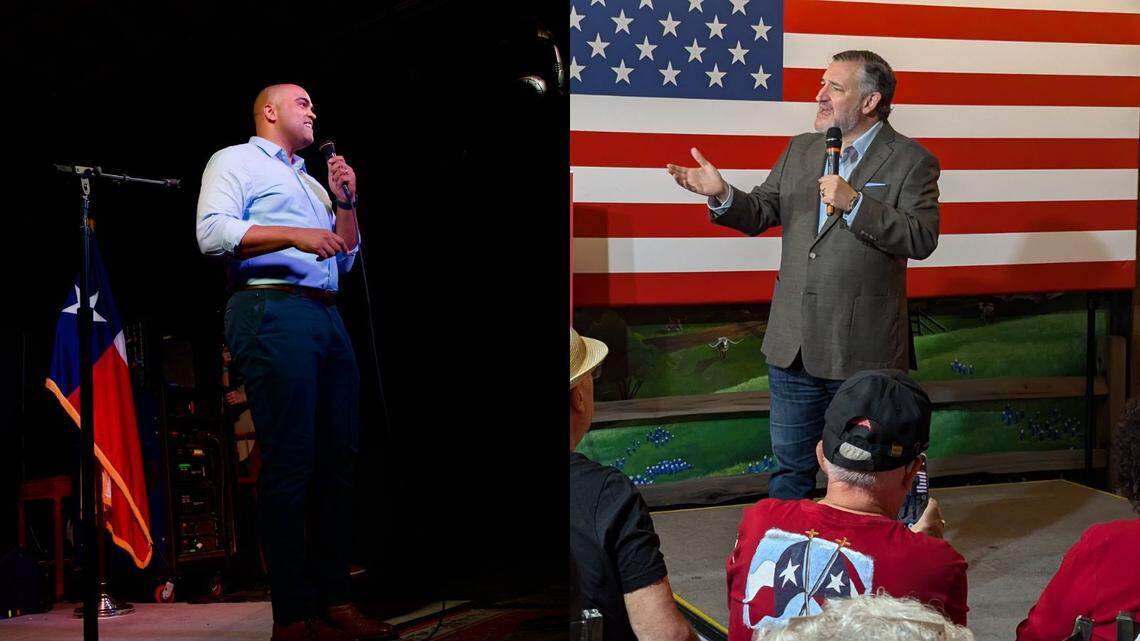 Two men speaking into microphones jusxtaposed to give the illusion they're looking at each other 