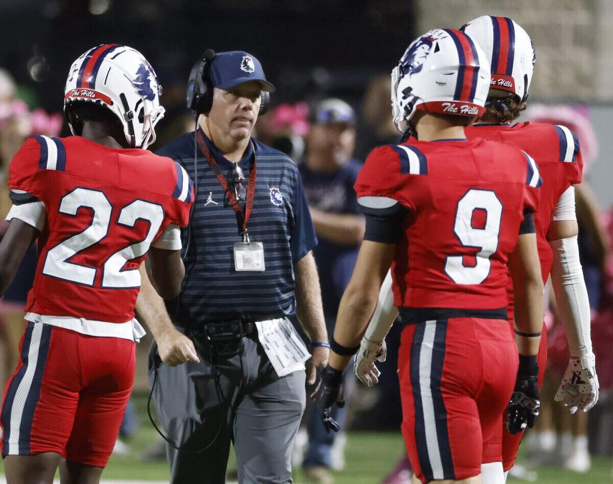 North Richland Hills Richland head coach Ged Kates talks to the team during a time out during the first half of a UIL football game against Aledo on Thursday, October, 23, 2025 at Birdville FAAC Stadium in North Richland Hills, Texas.