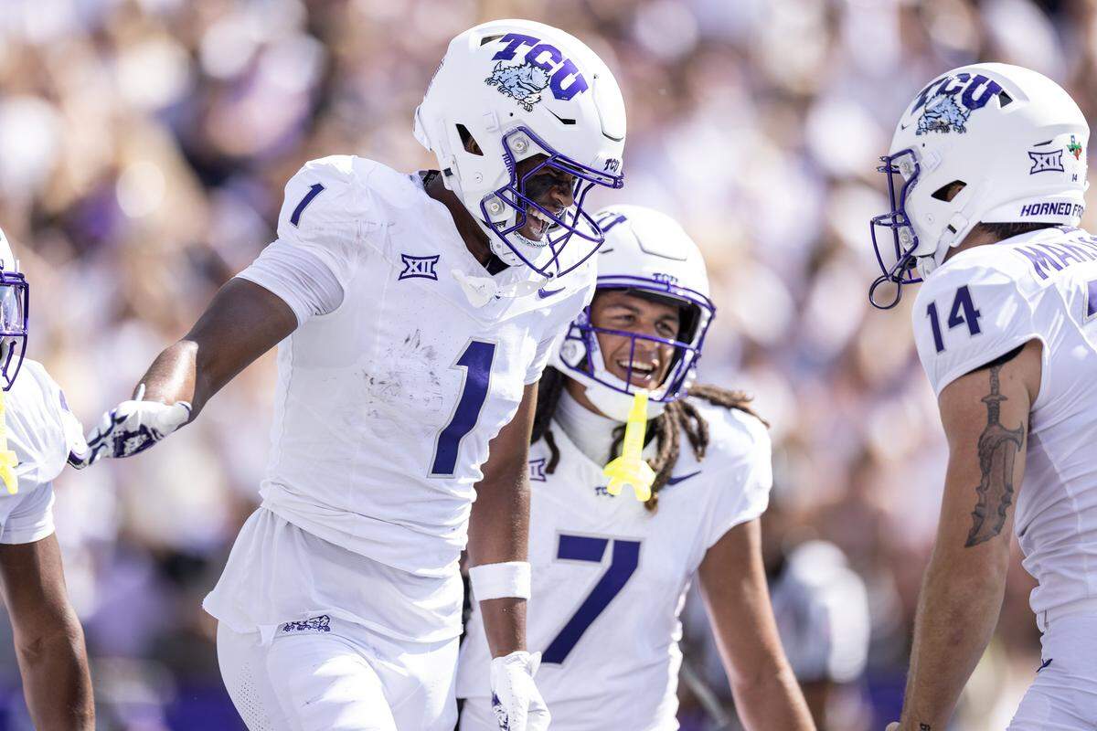 TCU wide receiver Eric McAlister (1) celebrates after scoring a touchdown in the first half of an NCAA football game between TCU and SMU at Amon G. Carter Stadium in Fort Worth on Saturday, Sept. 20, 2025.