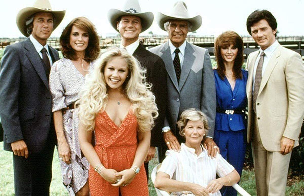 The cast of "Dallas" when it premiered in 1978. From left, Steve Kanaly, Linda Gray, Charlene Tilton, Larry Hagman, Jim Davis, Barbara Bel Geddes, Victoria Principal and Patrick Duffy.