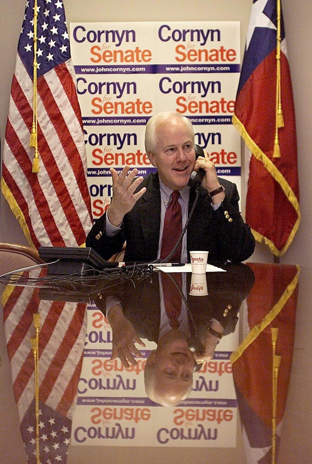 John Cornyn makes calls from his campaign headquarters in 2002 to thank supporters for getting him elected.