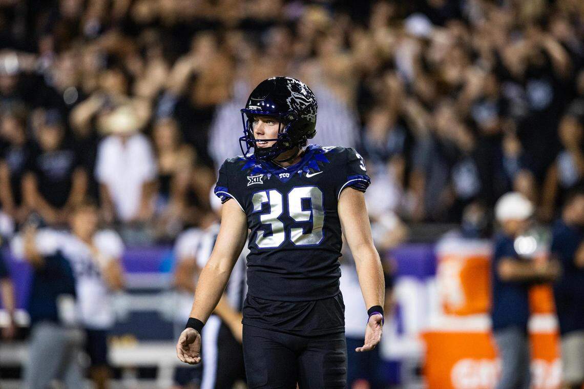 TCU kicker Griffin Kell (39) reacts after getting his field goal attempt blocked to end the game between the TCU Horned Frogs and the West Virginia Mountaineers at Amon G. Carter Stadium in Fort Worth on Saturday, Sept. 30, 2023. The Horned Frogs lost 24-21.