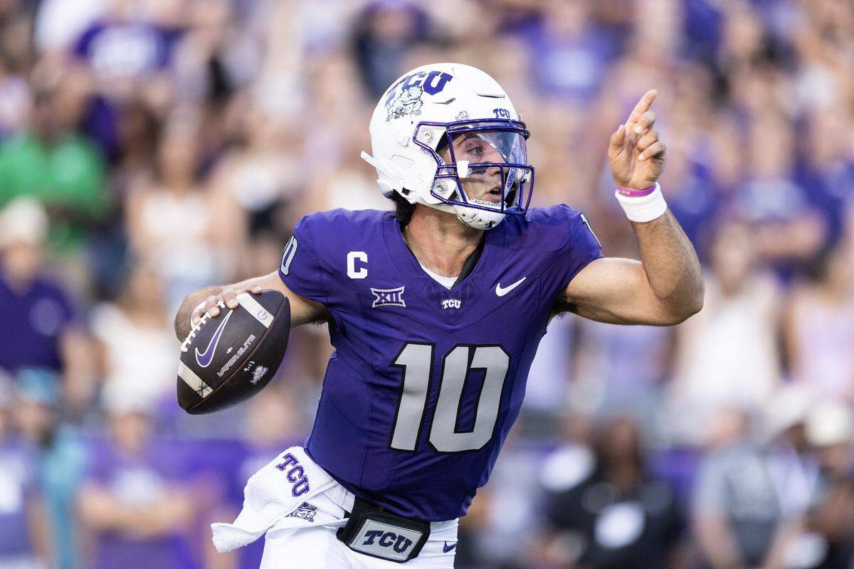 TCU quarterback Josh Hoover (10) prepares to throw a pass in the first half of an NCAA game between TCU and Abilene Christian at Amon G. Carter Stadium in Fort Worth on Saturday, Sept. 13, 2025.