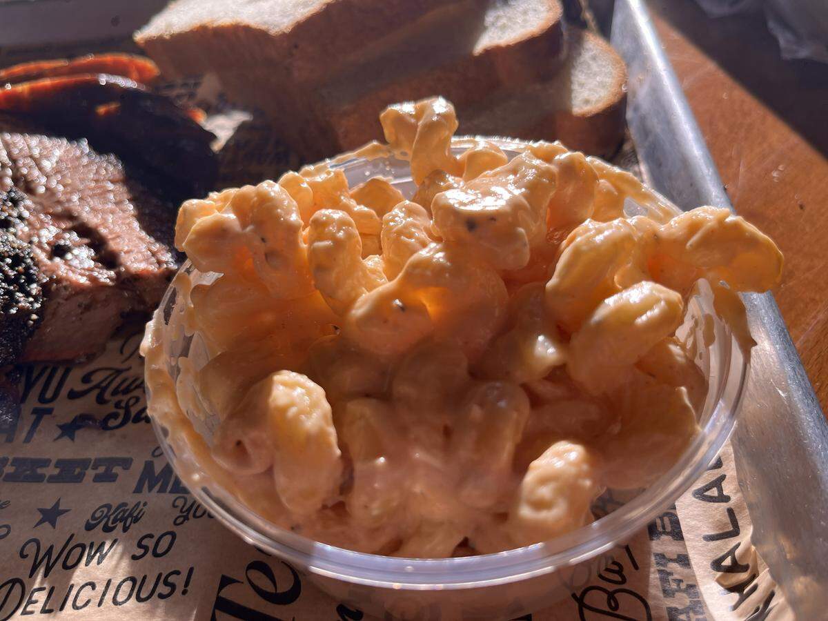 Gouda mac and cheese from Kafi BBQ in Irving on Dec. 14, 2025.