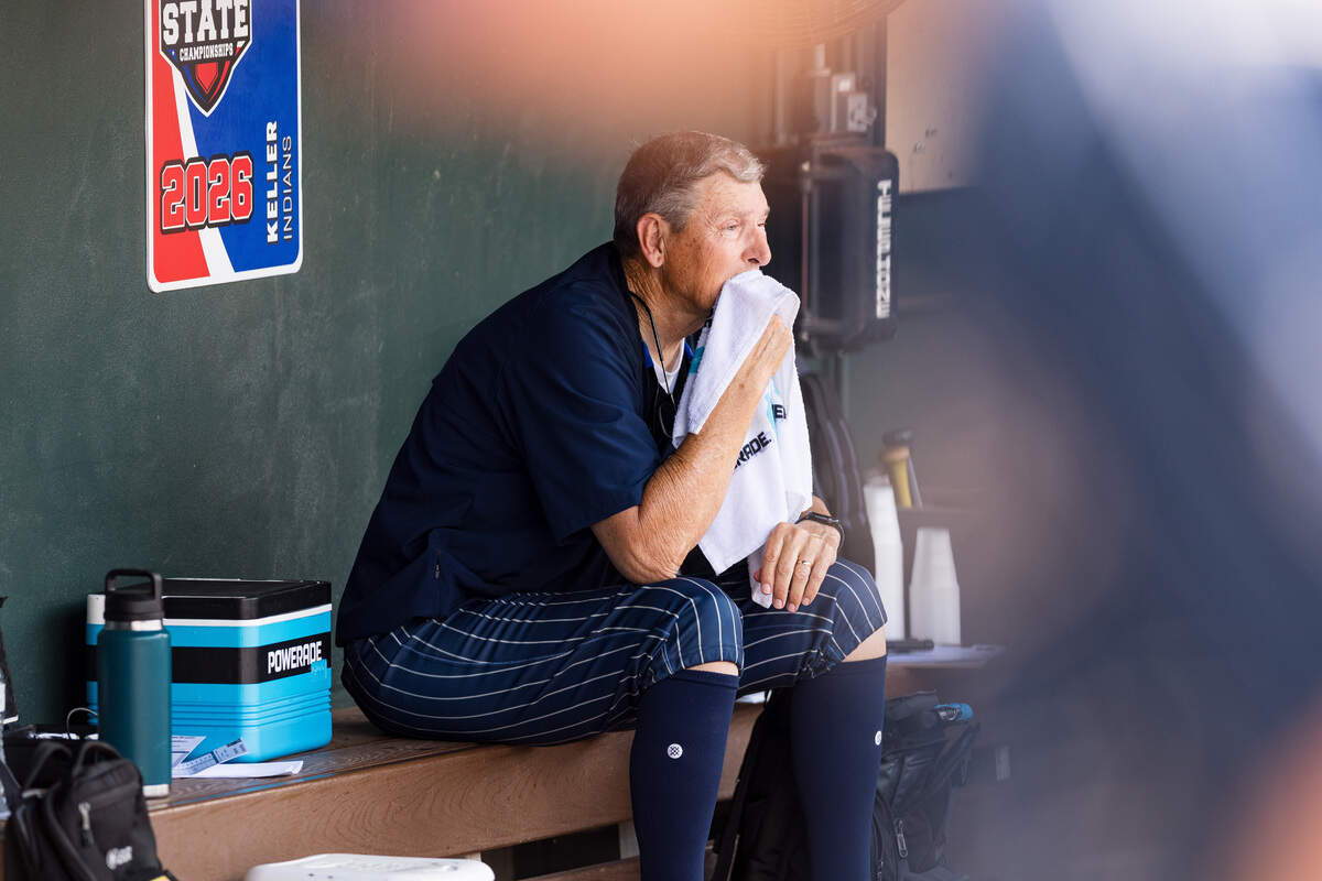 Keller head coach Rob Stramp sits in the dugout ahead of the UIL Texas high school baseball Class 6A Division I state championship at Dell Diamond in Round Rock, Texas, Saturday, June 6, 2026.