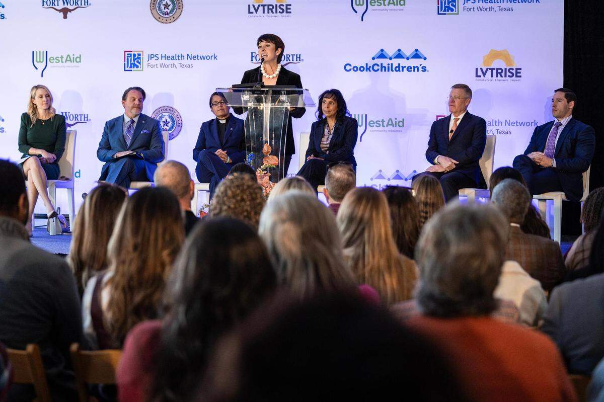 Paige Charbonnet, the Executive Director of the nonprofit LVTRise, speaks to the dignitaries gathered during the groundbreaking ceremony for the Las Vegas Trail Neighborhood Health Center in Fort Worth on Tuesday, Nov. 14, 2023.