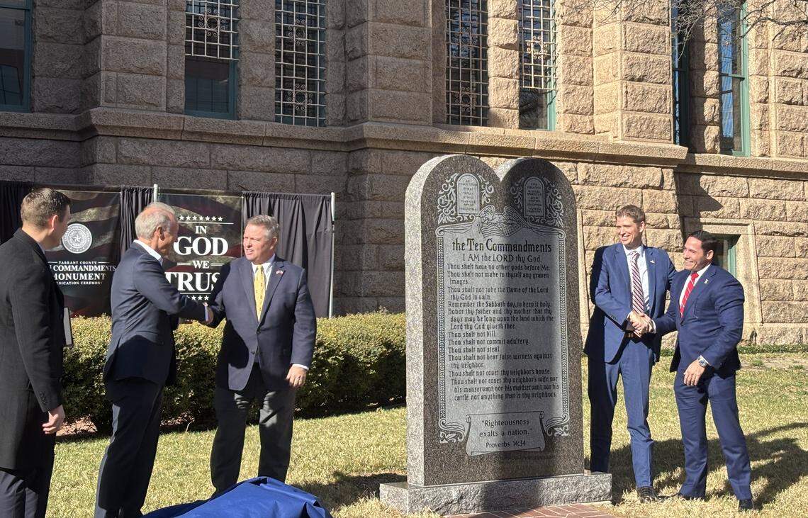 Tarrant County Republican Commissioners Matt Krause, Manny Ramirez and County Judge Tim O’Hare unveiled the Ten Commandments monument in front of the county courthouse alongside two guest speakers on Jan. 16, 2026.