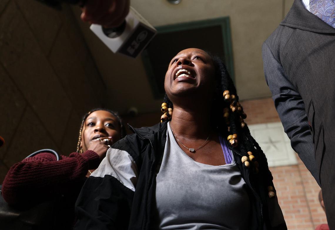 Chanell, left, and Janell Johnson, sisters of Anthony Johnson Jr., demand the release of the full video of his death while protesting in front of the Tarrant County Jail on Thursday, May 30, 2024, in downtown Fort Worth. Anthony Johnson Jr. died while in custody at the Tarrant County Jail in April.