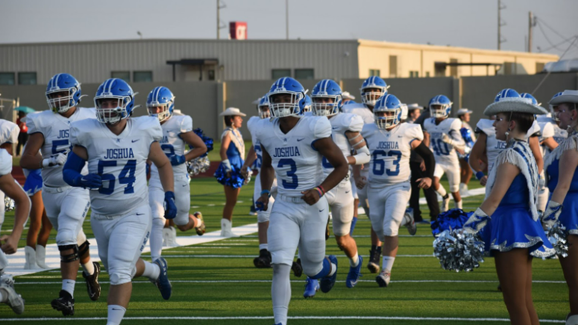 The Joshua Owls take the field at Clark Stadium in Fort Worth, Texas, Thursday, Sept. 8, 2022 during a high school football game against Southwest. Joshua won 34-33. (Ulises Rangel/ Special to the Star-Telegram)