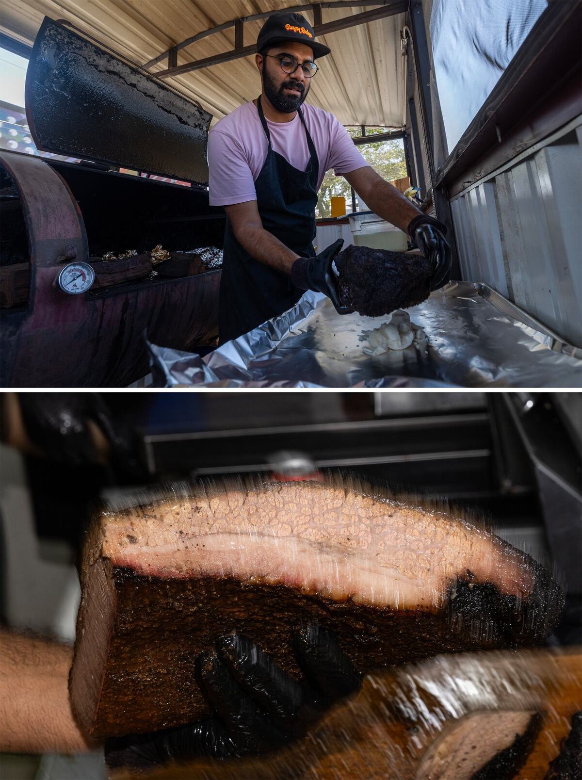 Top: Zain Shafi, the owner of Sabar BBQ, takes a whole brisket out of his smoker and places it on top of a mound of beef tallow prior to wrapping it in foil and putting it back into the smoker to finish the cooking process. The tallow allows any crispy edges on the outside to soften up while the foil with prevent the fat from the brisket to continue rendering. Bottom: Zain Shafi, the owner of Sabar BBQ, takes out a piece of lean brisket to slice for a customer on Saturday, Aug, 17, 2024.