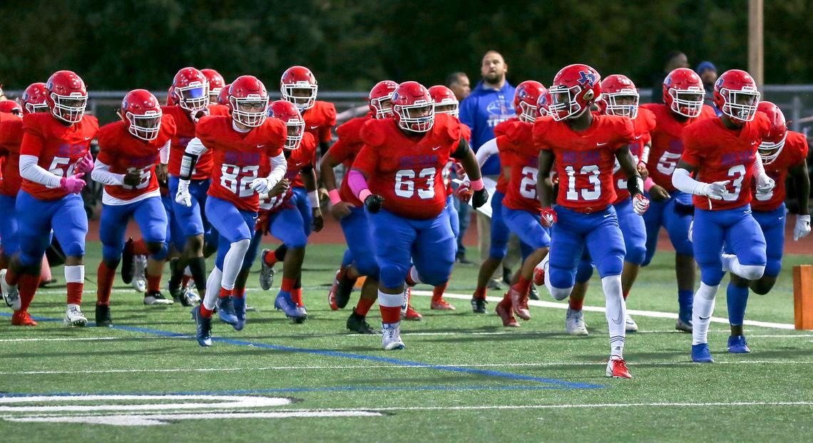 The Sam Houston Texans enter the field to face North Crowley, Thursday night, October 17, 2019 played at Wilemon Field in Arlington, TX.
