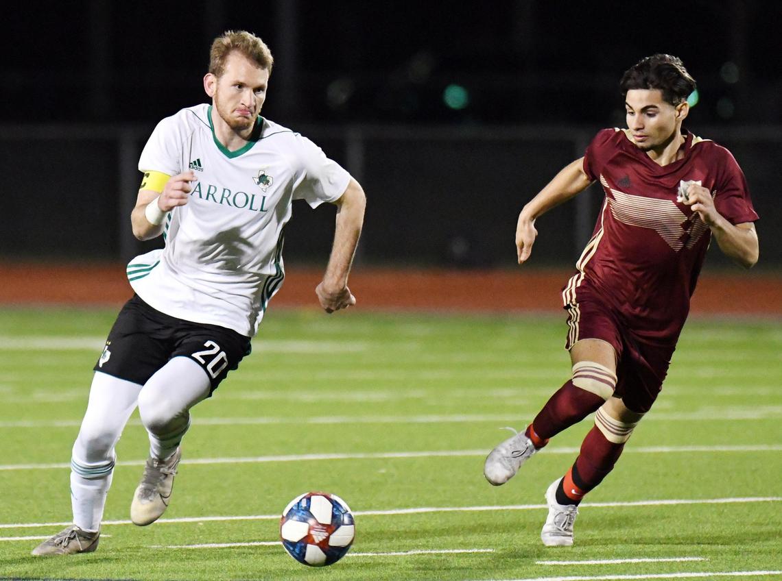 Carroll’s Eric Jorgensen,left, advances the ball up the field as Keller Central’s Miguelangel Perez gives chase in the second half of their soccor match Friday, March 6, 2020 at Keller Central High School in Keller, Texas. Carroll went on to win 6-0. Special/Bob Haynes