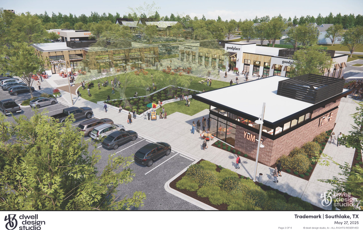A rendering of the 40-acre mixed-use development in Southlake by the Trademark Property Co, anchored by a Whole Foods Market expected to break ground this summer.