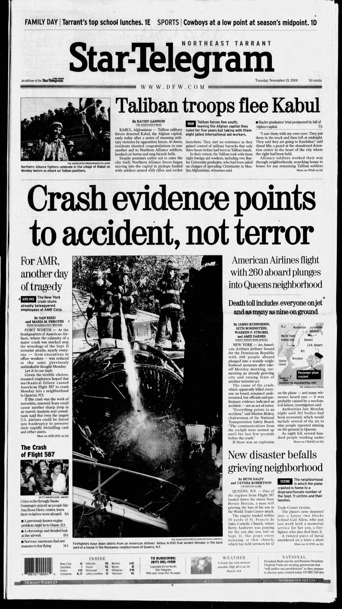Star-Telegram’s front-page coverage of the Nov. 12, 2001, crash of American Airlines Flight 587 out of John F. Kennedy airport in New York.