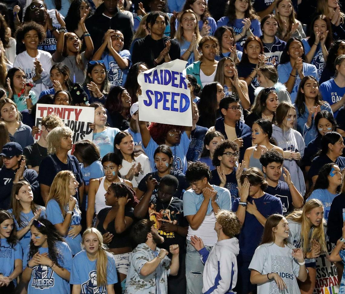 L.D. Bell fans showed their support in the first half of a District 3-6A high school football game at Pennington Field in Bedford, Texas, Thursday, Nov. 03, 2022. Trinity led L.D. Bell 14-7 at the half.(Special to the Star-Telegram Bob Booth)