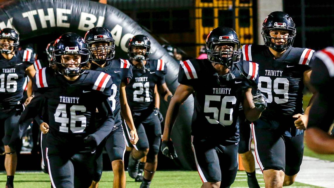 The Euless Trinity Trojans enter the field to face Richland, Friday night, November 8 2019 played at Pennington Field in Bedford, TX.