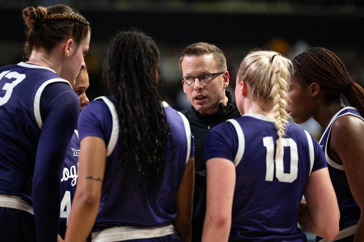 TCU Head Coach Matt Campbell speaks to his players coming out of the timeout in the second half of an NCAA game between TCU and Baylor at Foster Pavilion in Waco on Sunday, March 2, 2025.