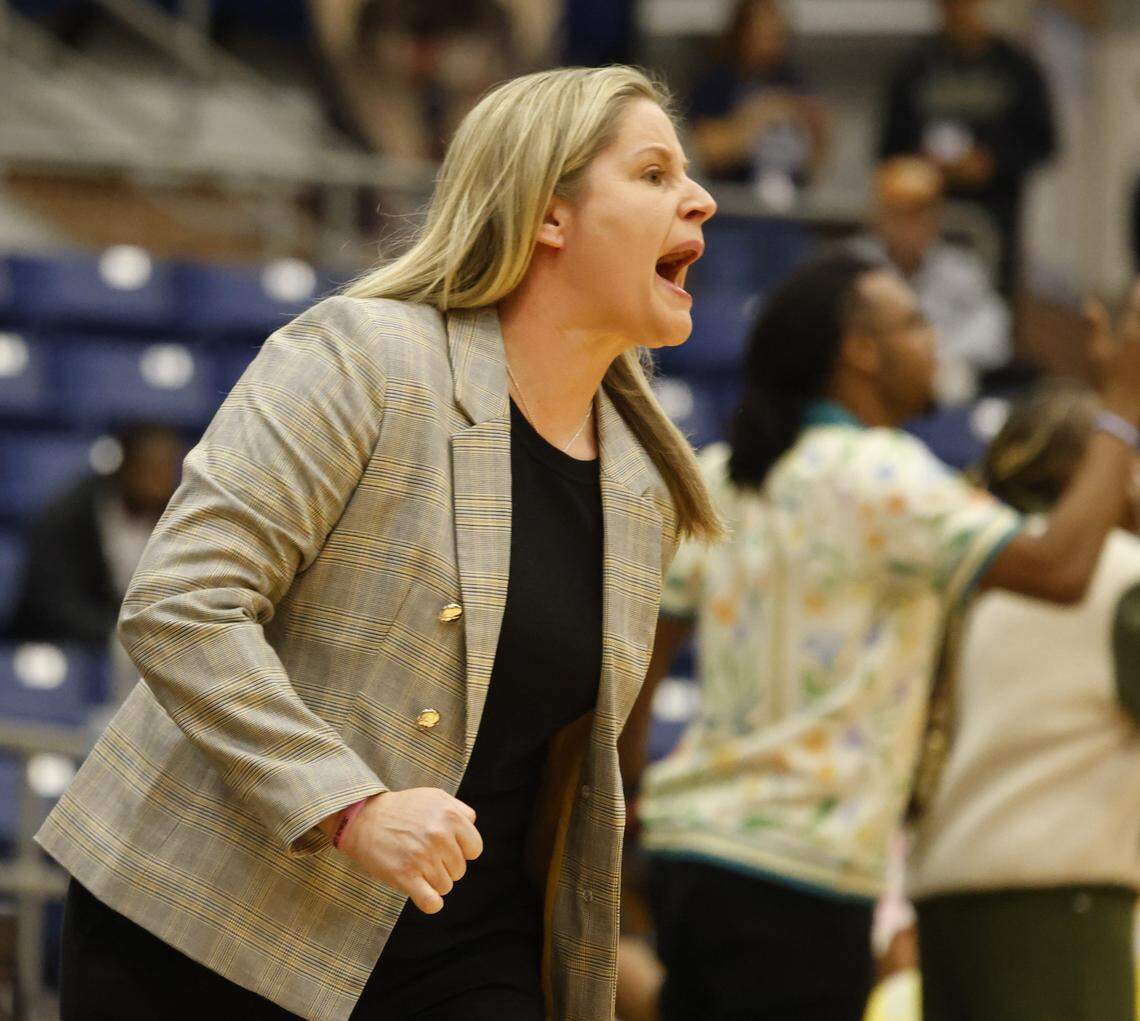 Mansfield head coach Brooke Brittain gets emotional in the second frame of a UIL girls basketball game between North Crowley and Mansfield at Mansfield High School in Mansfield, Texas, Tuesday Jan. 20, 2026