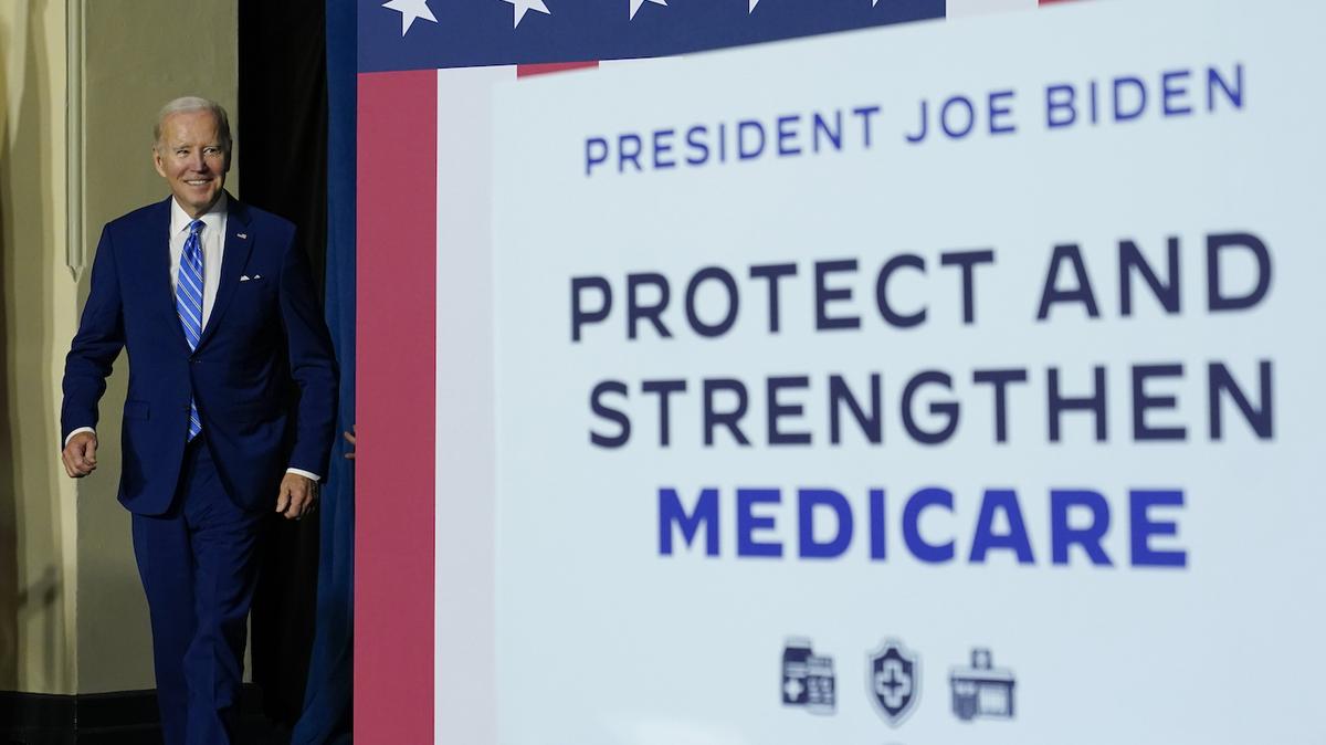 President Joe Biden arrives to speak about his administration’s plans to protect Social Security and Medicare and lower healthcare costs, Thursday, Feb. 9, 2023, at the University of Tampa in Tampa, Fla. (AP Photo/Patrick Semansky)
