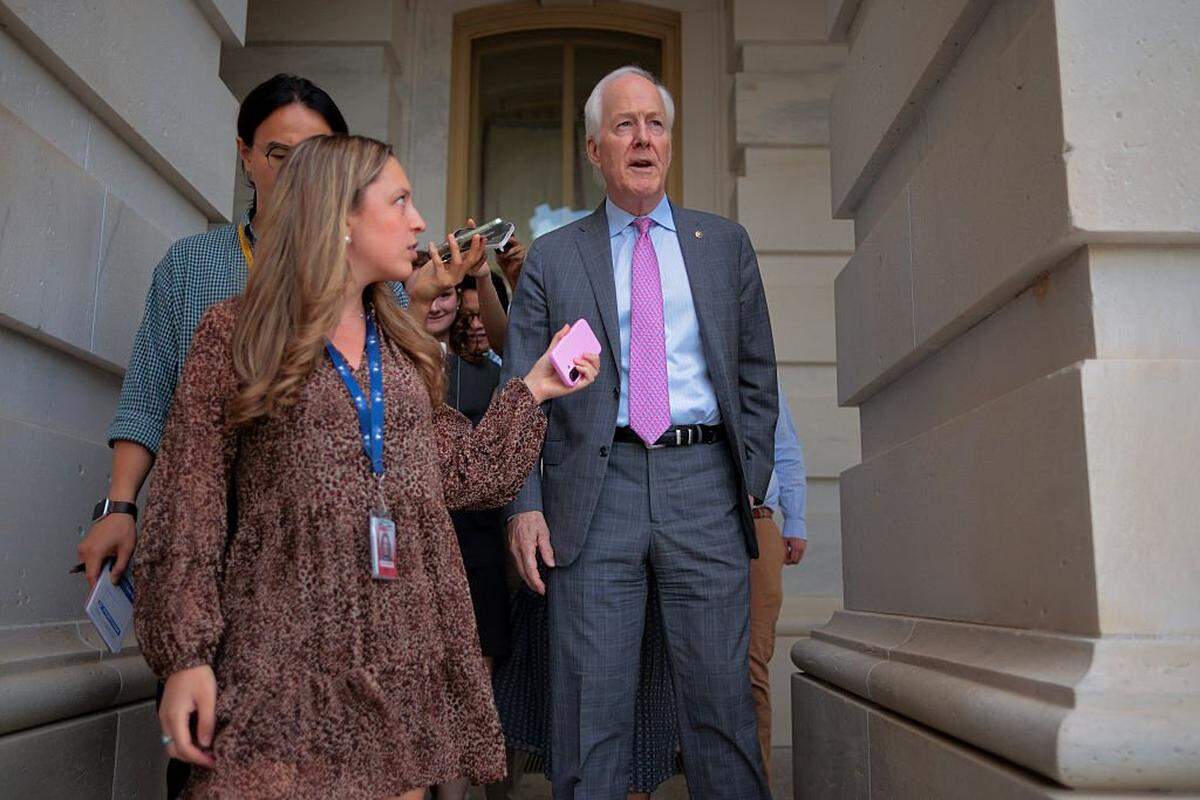 WASHINGTON, DC - JUNE 01: Sen. John Cornyn (R-TX) talks to reporters following a vote at the U.S. Capitol on June 01, 2026 in Washington, DC. Senate Majority Leader John Thune (R-SD) and Senate Republicans are navigating President Donald Trump's "anti-weaponization" fund and its impact on passing a reconciliation bill this week. (Photo by Chip Somodevilla/Getty Images)