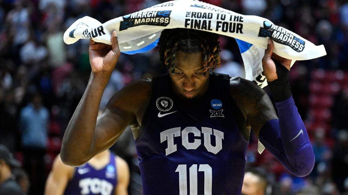 Despite all of the accomplishments of TCU’s basketball season, Sunday night ended in frustration for guard Damion Baugh and the rest of the Horned Frogs after the top-seeded Arizona Wildcats advanced to the Sweet 16 of the NCAA Tournament. TCU had a chance to win the game in regulation, but Arizona wound up winning, 85-80, in overtime. (AP Photo/Denis Poroy)