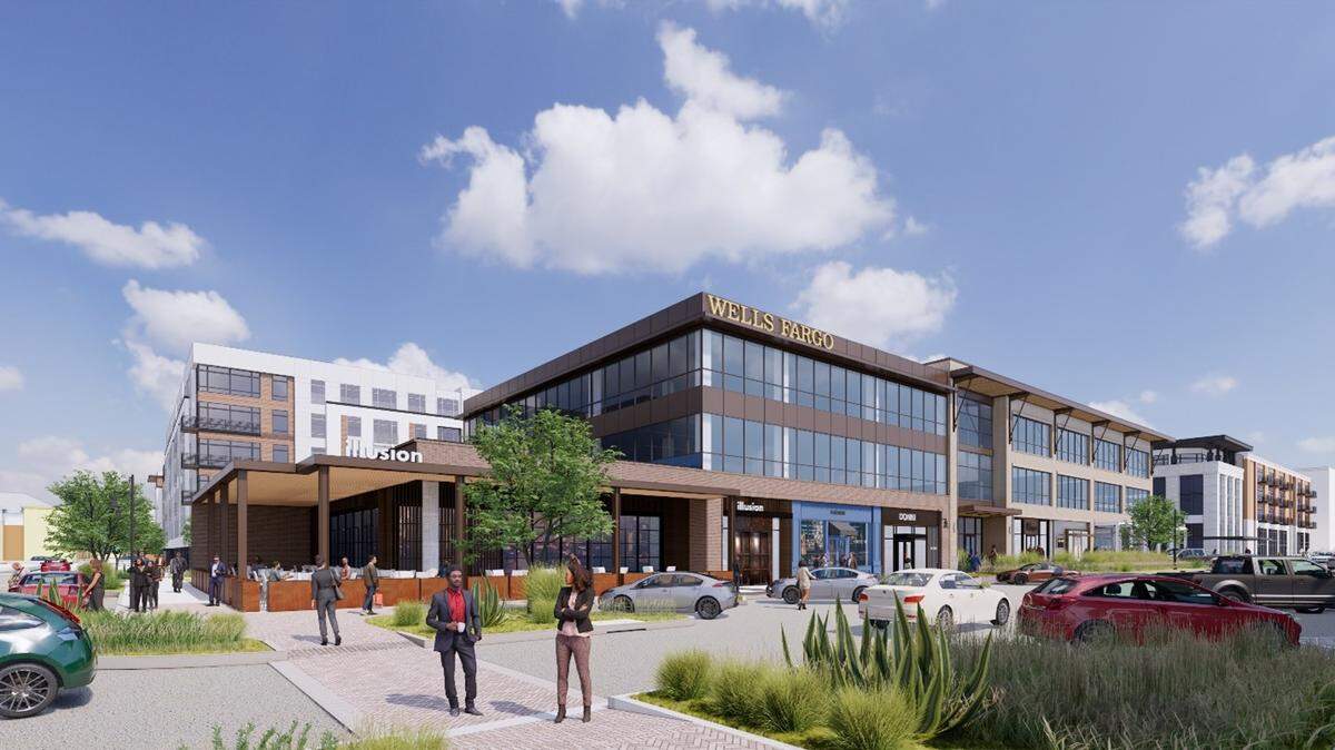 An artist’s rendering of a new office building in Fort Worth’s Clearfork development that will be anchored by Wells Fargo.