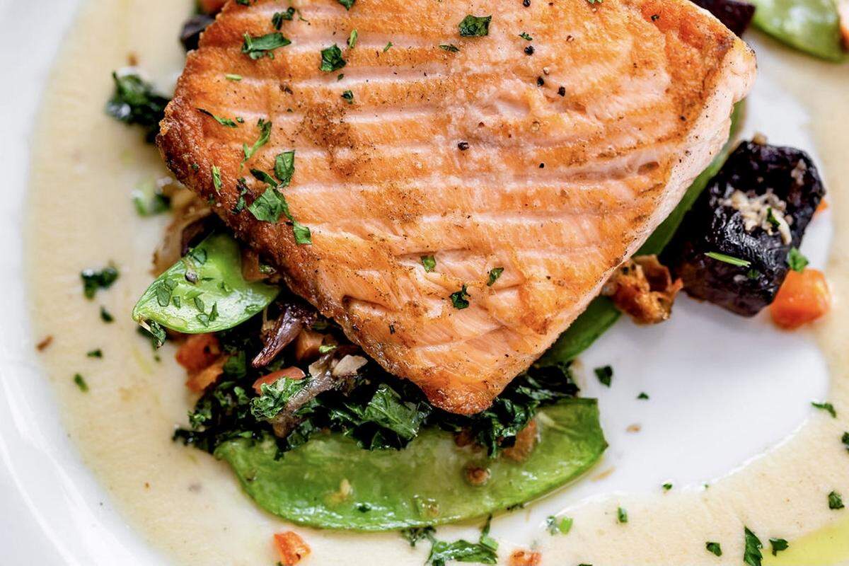 Salmon on snow peas at B&B Butchers & Restaurant.
